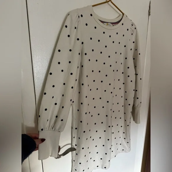 Boden Romona Sweatshirt Dress Size 10 White With Navy Polka Dots